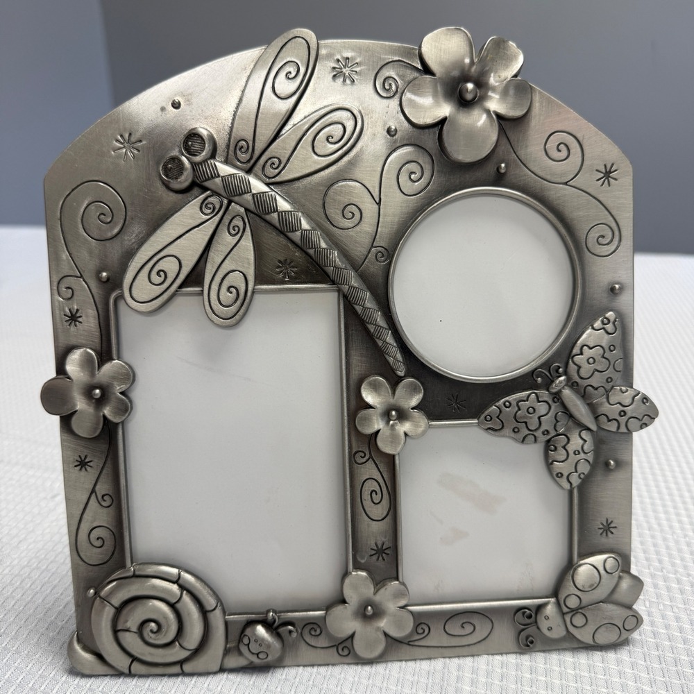 Fetco Home Decor Pewter Metal Garden Picture Photo Frame Dragonfly Butterfly